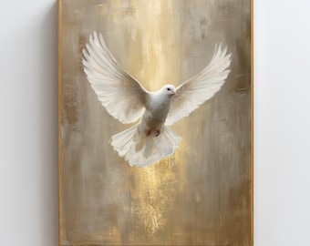Lonesome Dove Wall Art | Holy Spirit Painting | Peace Dove Print | Gold Fine Art Christian Decor | Spiritual Symbol of Light
