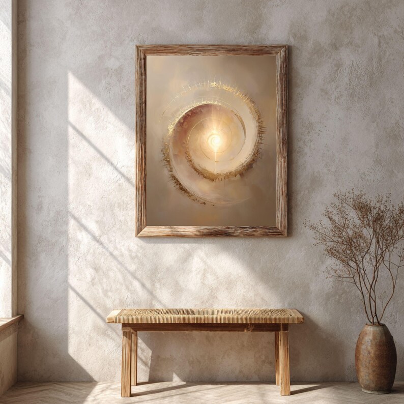 May include: A framed abstract art print featuring a spiral design with a bright, central light source. The artwork is in warm, earthy tones and is displayed on a textured wall. A wooden bench and a vase with dried plants are in the foreground.