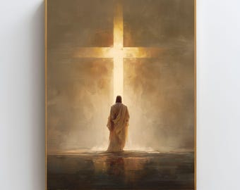 Cuadro de Jesús ante la cruz, lámina cristiana para imprimir, lámina "Fe sobre el miedo", decoración religiosa para pared, arte bíblico, regalo espiritual, póster de Jesús.