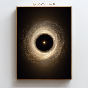 May include: A framed art print featuring a swirling, luminous design. The artwork showcases a central dark void surrounded by a radiant, golden spiral. The text "Quick Line Studio" is at the top.