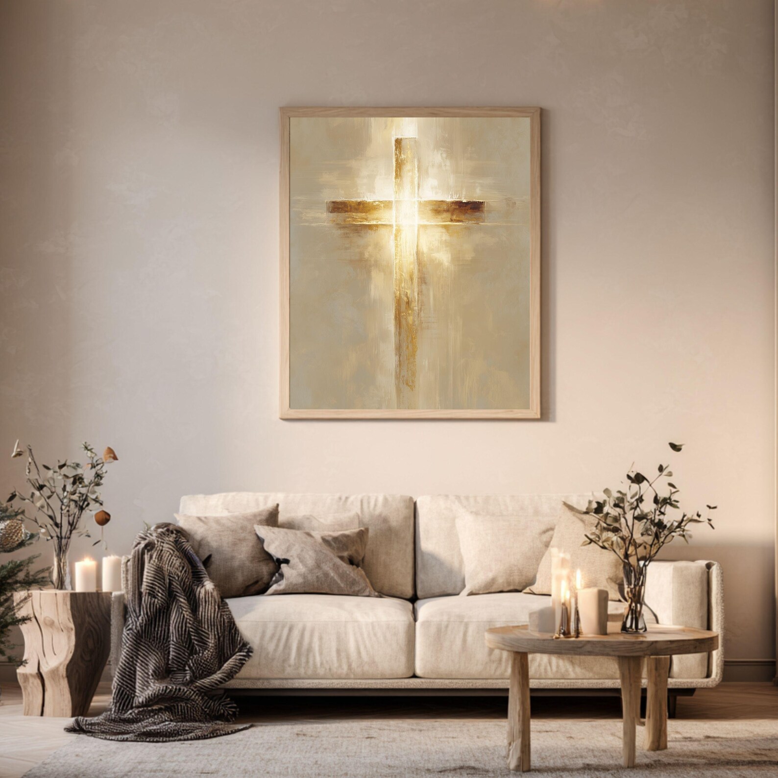 Golden Cross Christian Wall Art — Minimalist Sacred Art Print, Neutral ...