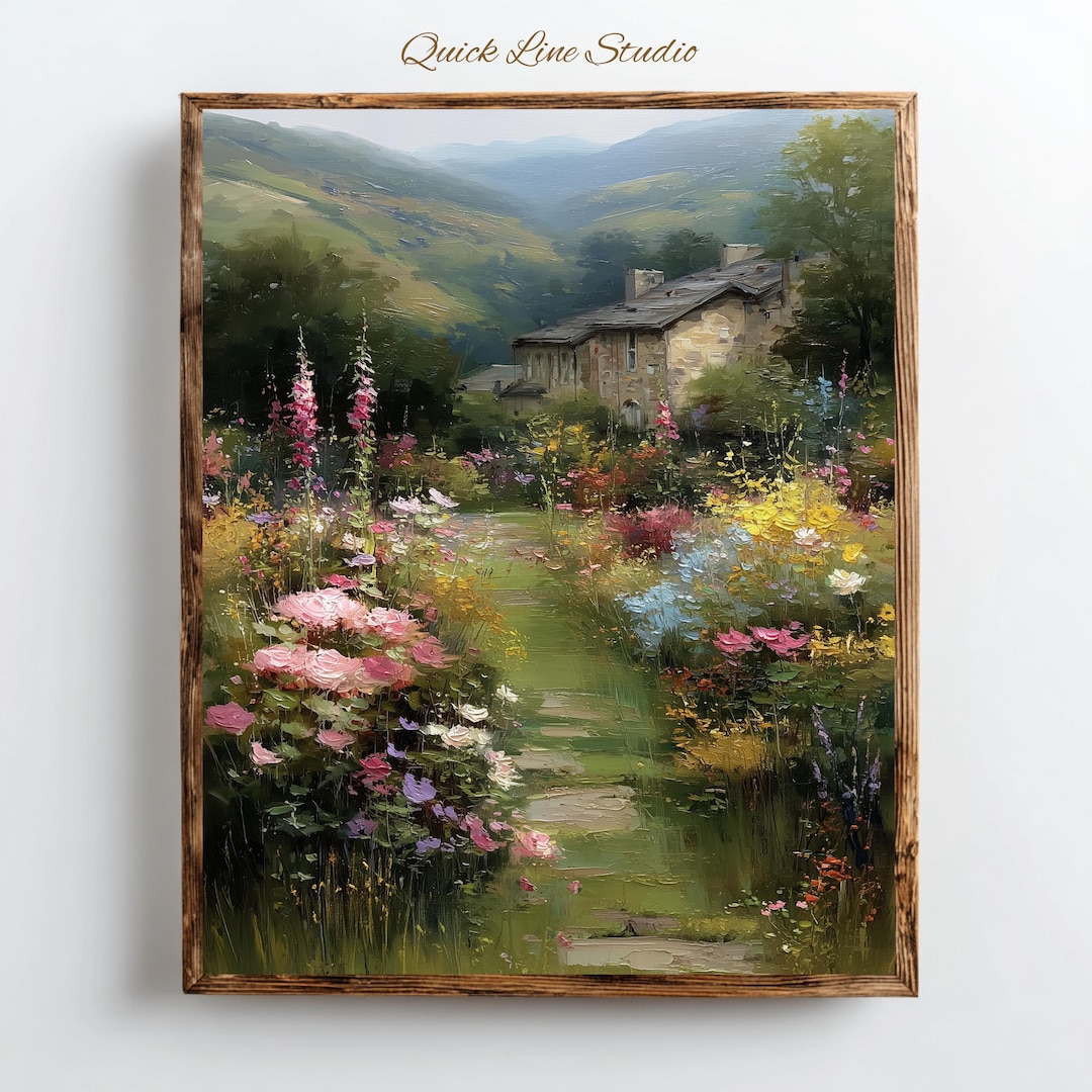 English Cottage Garden Wall Art | Romantic Countryside Landscape Print ...