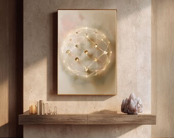 Crystal Grid Wall Art, Sacred Geometry Print, Neutral Spiritual Decor, Energy Healing Poster, Reiki Room Art, Crystal Wall Decor