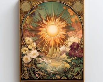 Arte mural de activación energética, lámina espiritual Art Nouveau, obra de arte de poder interior, póster de energía solar radiante, decoración mística