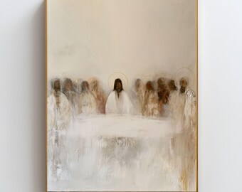 Lámina de la Última Cena, arte mural cristiano neutro, pintura de Jesús, arte religioso beige, decoración mural bíblica moderna