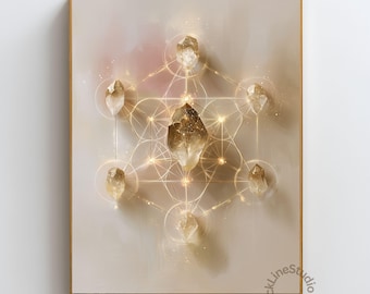Metatron’s Cube Crystal Grid Wall Art, Gold Sacred Geometry Print, Crystal Energy Poster, Reiki Room Decor