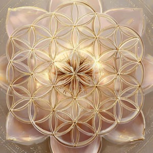 May include: Digital artwork showing a golden geometric pattern over a soft, pinkish-beige background. The design resembles a flower with a central starburst pattern. The overall aesthetic is elegant and spiritual, with a focus on symmetry.
