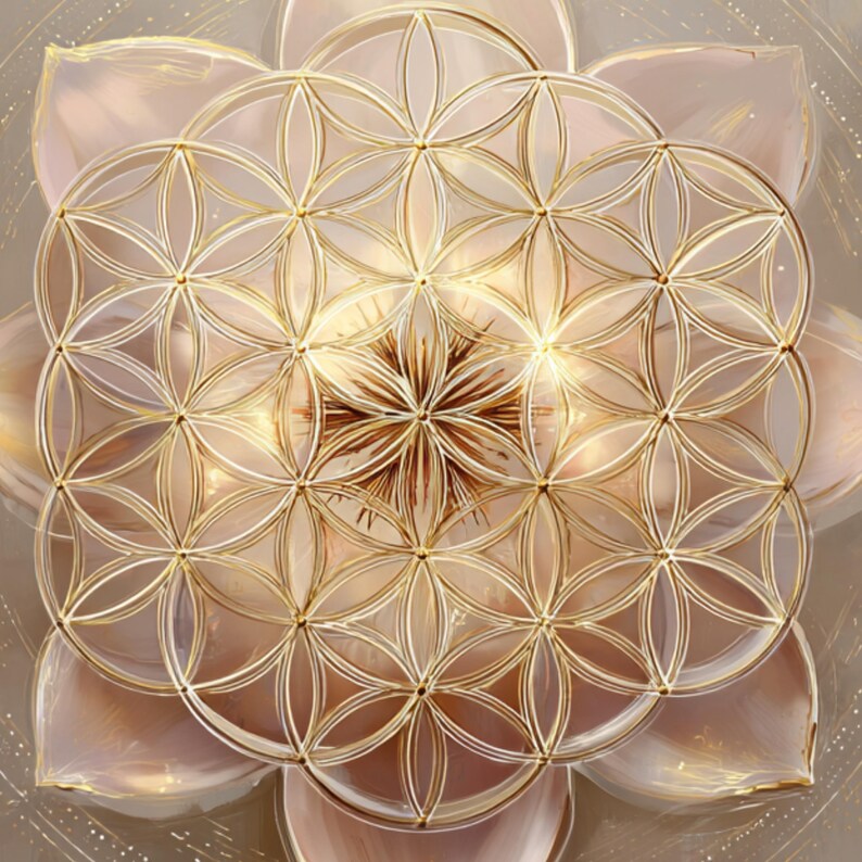May include: Digital artwork showing a golden geometric pattern over a soft, pinkish-beige background. The design resembles a flower with a central starburst pattern. The overall aesthetic is elegant and spiritual, with a focus on symmetry.