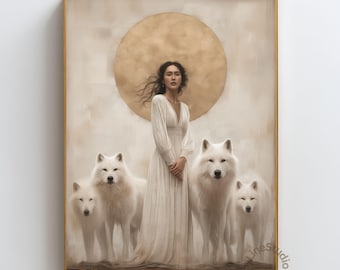 White Wolf Wall Art, Wolf Goddess Print, Divine Feminine Decor, Moon Priestess Poster, Spiritual Woman Art, Mystical Wolf Artwork