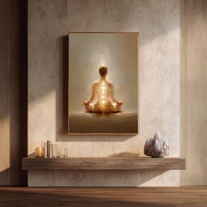 May include: A framed artwork depicts a person in a meditative pose, radiating golden light. The artwork is displayed above a wooden shelf with candles and crystals. The overall theme is spiritual and serene.