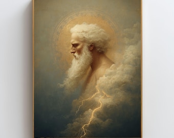 Lámina decorativa de Zeus, dios griego Zeus y el rayo, decoración mitológica, arte con poderosa energía masculina, póster de la antigua Grecia, obra de arte del dios del Olimpo.
