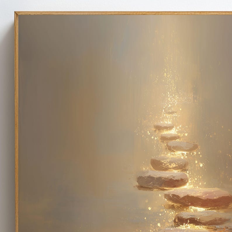 Op de afbeelding: Een ingelijst kunstwerk toont een pad van stapstenen die omhoog leiden naar een helder licht. De stenen hebben een warme bruine kleur en de achtergrond heeft een zachte, gouden gradi&euml;nt. Het kunstwerk roept een gevoel van vrede en rust op.