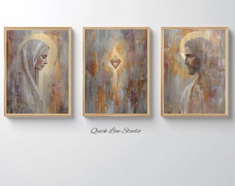 Conjunto de 3 quadros de parede com o Sagrado Coração de Jesus e Maria | Tríptico cristão | Conjunto de gravuras de Jesus e Maria | Decoração católica para casa | Quadros religiosos para parede