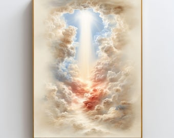 Heavenly Light Wall Art Printable, Divine Light Print, Christian Wall Decor, Spiritual Wall Art, Neutral Beige Cloud Art, Salvation Art