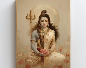 Arte mural de Ardhanarishvara, equilibrio divino masculino y femenino, lámina de Shiva Shakti, arte de sanación espiritual, póster de unión sagrada