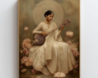Lámina decorativa de Saraswati, diosa hindú de la sabiduría, decoración espiritual india, póster de la diosa musical Saraswati, arte para yoga y meditación, decoración bohemia.