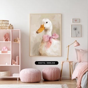 Whimsical Duck with Pink Bow Print: Cottagecore Farmhouse Animal Art (Digital Download)