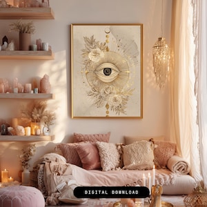 Mystical Wall Art – All Seeing Eye Print with Floral Boho Design, Witchy Protective Symbol Poster, Spiritual Third Eye Room Decor