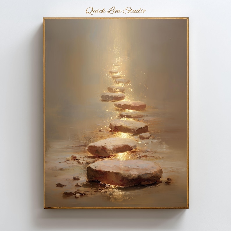 Op de afbeelding: Een ingelijst kunstwerk toont een pad van stapstenen die omhoog gaan naar een helder, gouden licht. De stenen hebben een warme, aardse tint en de achtergrond is een zachte, nevelige mix van bruin en goud. Het kunstwerk is gesigneerd "Quick Line Studio".