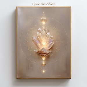 May include: A framed artwork featuring a glowing crystal formation at the center, radiating light and surrounded by geometric shapes and a circular pattern. The artwork has a neutral color palette with gold accents, and the text "Quick Line Studio" is at the top.