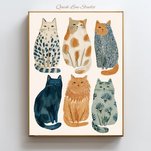 Può includere: Una stampa incorniciata con sei illustrazioni stilizzate di gatti. I gatti sono raffigurati in vari colori e motivi, tra cui macchie blu, macchie arancioni e strisce blu. L'opera d'arte è ambientata su uno sfondo color crema, con il testo "Quick Line Studio".