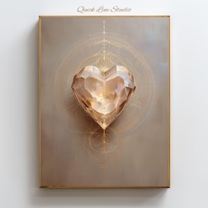 May include: Framed artwork with a large, gold-toned, faceted heart as the central image. The heart is set against a muted beige background with gold geometric patterns. The words "Quick Line Studio" are at the top of the artwork.
