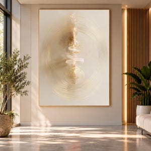 Könnte beinhalten: Ein großes rechteckiges Wandbild mit cremefarbenem Hintergrund und konzentrischen goldenen Linien. In der Mitte zeigt ein vertikales abstraktes Design wirbelnde weiße Bänder und goldene Glanzpunkte in einem dünnen goldenen Rahmen.
