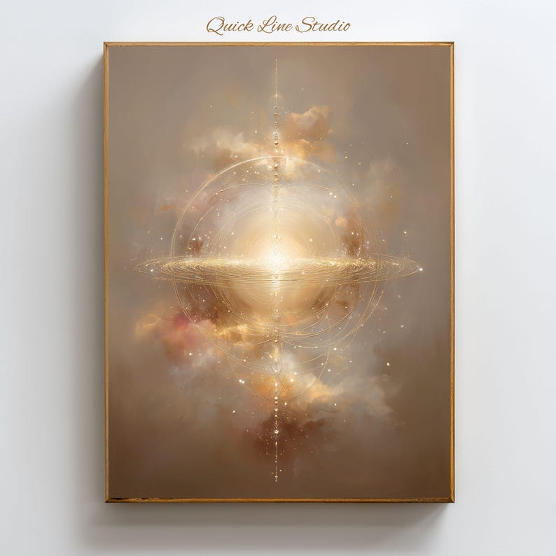 May include: Abstract art print in a wooden frame. The artwork features a celestial design with a bright, golden center surrounded by swirling lines and clouds in shades of brown, gold, and pink. The text "Quick Line Studio" is in the top center.