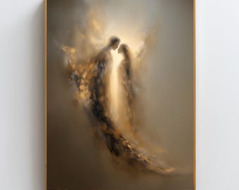 Arte energético de llamas gemelas, abstracto dorado de unión divina, arte mural espiritual de almas gemelas