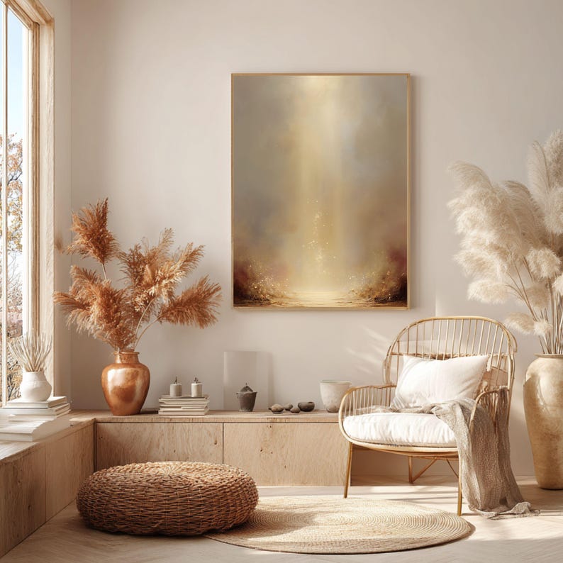 May include: A serene interior scene featuring a large abstract painting with a golden, ethereal glow. The room is decorated with natural elements, including pampas grass in copper vases, a woven chair, and a round woven ottoman, creating a warm and inviting atmosphere.