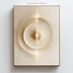 Può includere: Una stampa d'arte da parete rettangolare con una sfera centrale dalle texture dorate e crema, circondata da linee dorate circolari concentriche ed effetti di luce radiante su uno sfondo beige. Il testo Quick Line Studio è in alto.