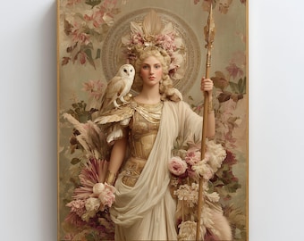 Cuadro de la diosa Atenea, lámina de mitología griega, decoración que simboliza la sabiduría y la fuerza, guerrera femenina divina, arte con el símbolo del búho, póster de la diosa clásica.