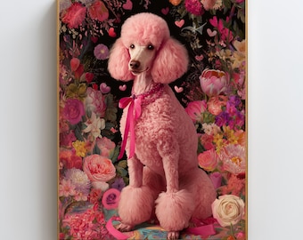 Arte de parede de poodle rosa | Pôster floral retrô de cachorro | Arte glamorosa para animais de estimação | Decoração romântica de animais | Download digital