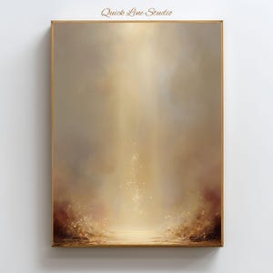 May include: A framed abstract art print with a warm color palette. The artwork features a central beam of light descending from the top, illuminating a hazy, ethereal scene. The bottom of the print has a darker, textured appearance. The text "Quick Line Studio" is at the top.