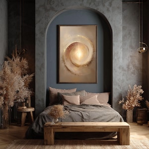 May include: A bedroom scene featuring a large framed abstract art piece with a spiral design in warm tones. The bed is made with gray bedding and pink pillows. A wooden bench sits at the foot of the bed, and dried plants add a natural touch.