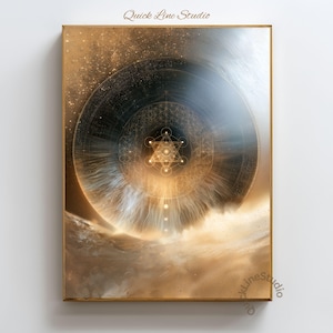 Puede incluir: Una impresión de arte mural rectangular que presenta un motivo circular central con una estrella de David dorada y patrones geométricos. El diseño transita desde un centro oscuro y texturizado hacia un fondo nebuloso dorado y blanco.