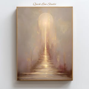 May include: An abstract painting in a gold wooden frame. The artwork depicts a staircase leading towards a bright light, with a soft, ethereal background. The text "Quick Line Studio" is in the upper left corner.
