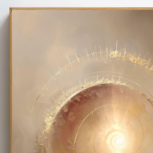 May include: Abstract artwork in a wooden frame. The painting features a spiral design with a bright, golden center, surrounded by shades of brown and beige. Gold accents radiate outwards, creating a sense of depth and movement. The artwork evokes a celestial or cosmic theme.