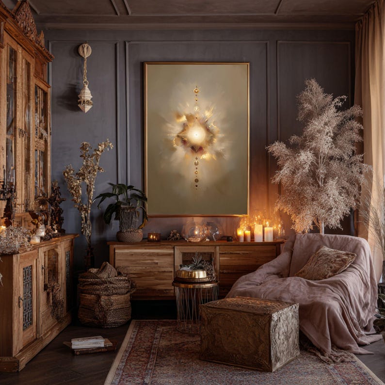May include: A cozy, dimly lit room with a large abstract painting as the focal point. The painting has a gold frame and features a central burst of light with surrounding ethereal shapes. Wooden furniture, candles, and decorative plants create a warm, inviting atmosphere.