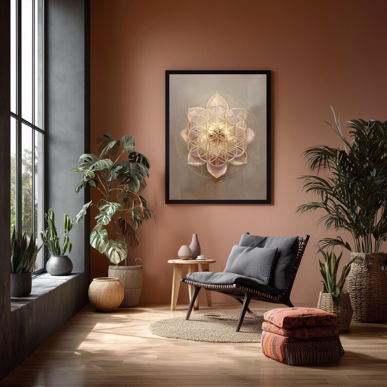 May include: A framed artwork with a geometric flower design in gold and beige tones adorns a terracotta wall. The room is furnished with a dark chair, plants, and a small wooden table, creating a calm and inviting atmosphere.