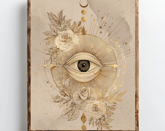 All Seeing Eye Wall Art, Third Eye Print, Boho Mystic Poster, Esoteric Symbol Decor, Witchy Floral Artwork, Sacred Geometry Digital Download