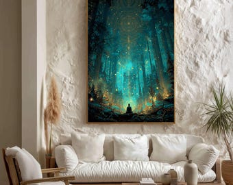 Sacred Geometry Forest Wall Art, Mystical Woodland Print, Teal Gold Spiritual Decor, Meditation Room Art, Cosmic Nature Poster