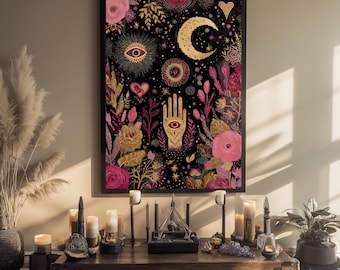 Impression oeil et lune céleste : oeuvre d'art murale sorcière mystique (téléchargement numérique)