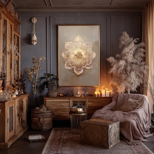 May include: A room with a large framed artwork featuring a gold and cream-coloured geometric design. The room has wooden furniture, a patterned rug, and a cosy seating area with a blanket and pillows. Candles and decorative plants add to the warm ambience.