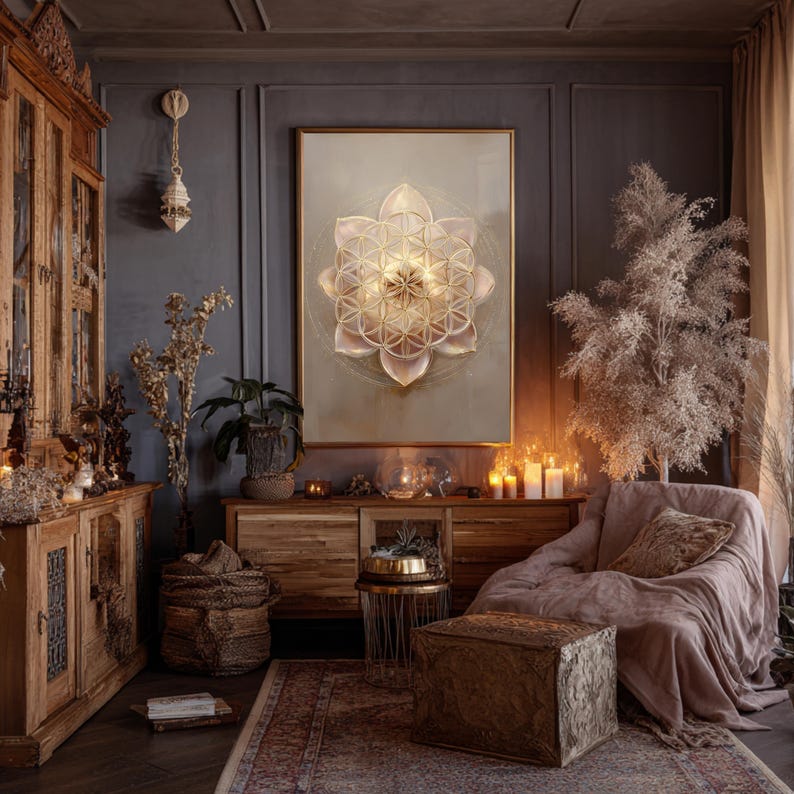 May include: A room with a large framed artwork featuring a gold and cream-coloured geometric design. The room has wooden furniture, a patterned rug, and a cosy seating area with a blanket and pillows. Candles and decorative plants add to the warm ambience.