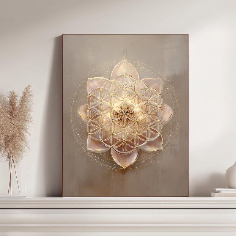 May include: Framed wall art print with a golden flower of life design. The artwork has a soft, neutral colour palette with a beige background and a gold geometric pattern. The flower is centered, with a subtle circular design around it.