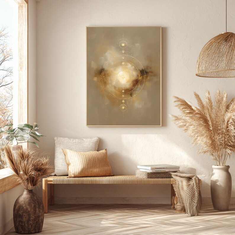 May include: Abstract art print in a wooden frame. The artwork features a central golden light surrounded by a circular design and soft, blended colors of beige, brown, and gold. The print hangs above a woven bench with pillows and decorative vases.