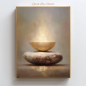 May include: A framed painting featuring a golden bowl atop a stone, with a soft, glowing light emanating from above. The artwork has a warm color palette with brown and gold tones. The text "Quick Line Studio" is in the upper right corner.