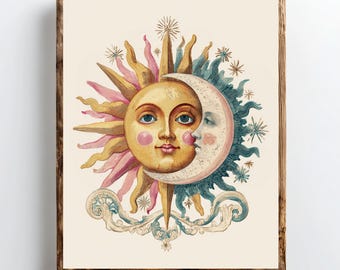 Sun and Moon Wall Art, Celestial Vintage Print, Boho Sun Moon Decor, Astrology Wall Art, Antique Style Sun Moon Poster, Mystic Celestial Art