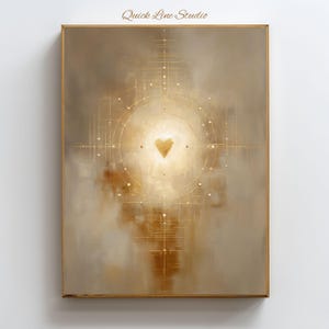 Op de afbeelding: Abstracte kunstprint met een gouden hart in het midden, omringd door een cirkelvormig ontwerp en lijnen. Het kunstwerk heeft een neutraal kleurenpalet met beige, bruine en gouden tinten. De tekst "Quick Line Studio" staat linksboven.